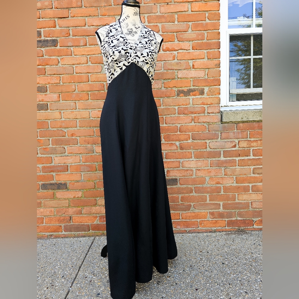 Vintage Giovana Black & Gold Brocade Bodice Evening Dress – Made in USA – Size S